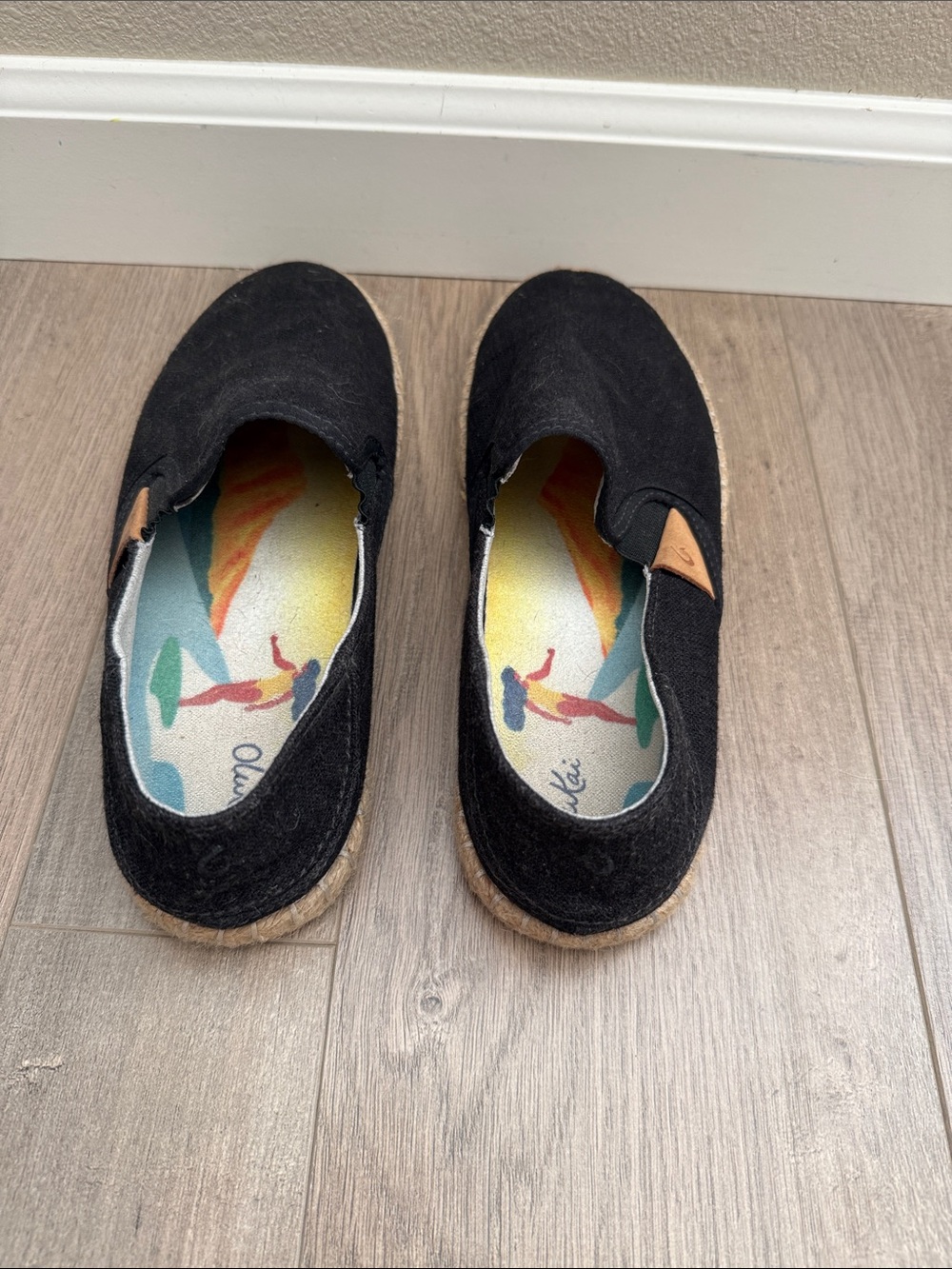 OluKai Women's Black Canvas Slip-On Espadrilles with Tan Accent - Picture 3 of 5